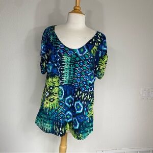 Forever Jade Women's Blue Green Abstract Aztec Scoop Neck T-Shirt Size 3X Boho